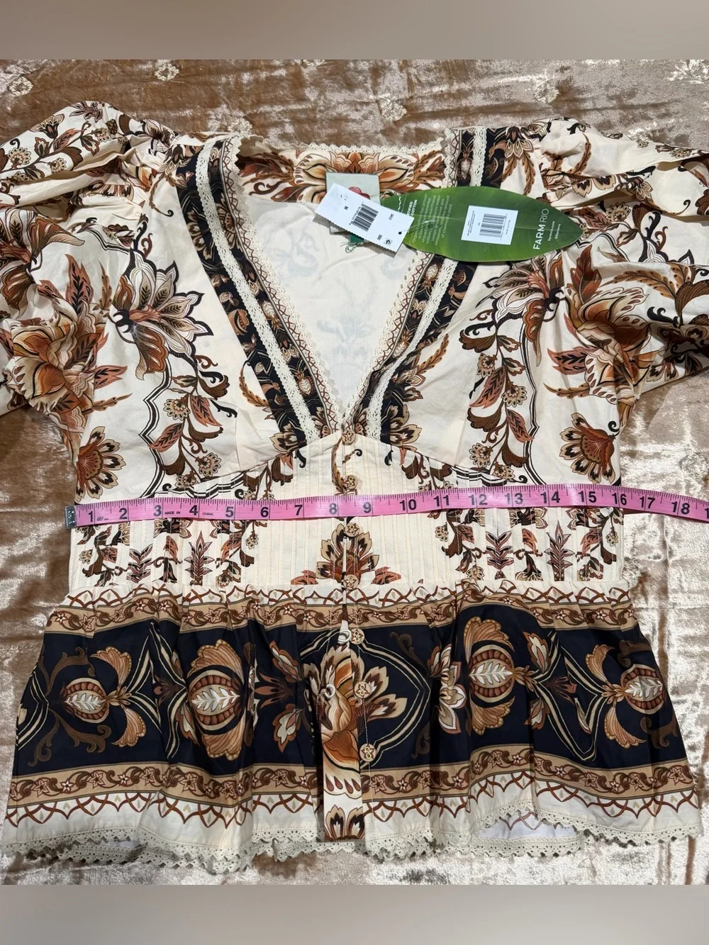 FARM RIO Majestic Garden Lace Puff Sleeve Cotton Top. Size Small